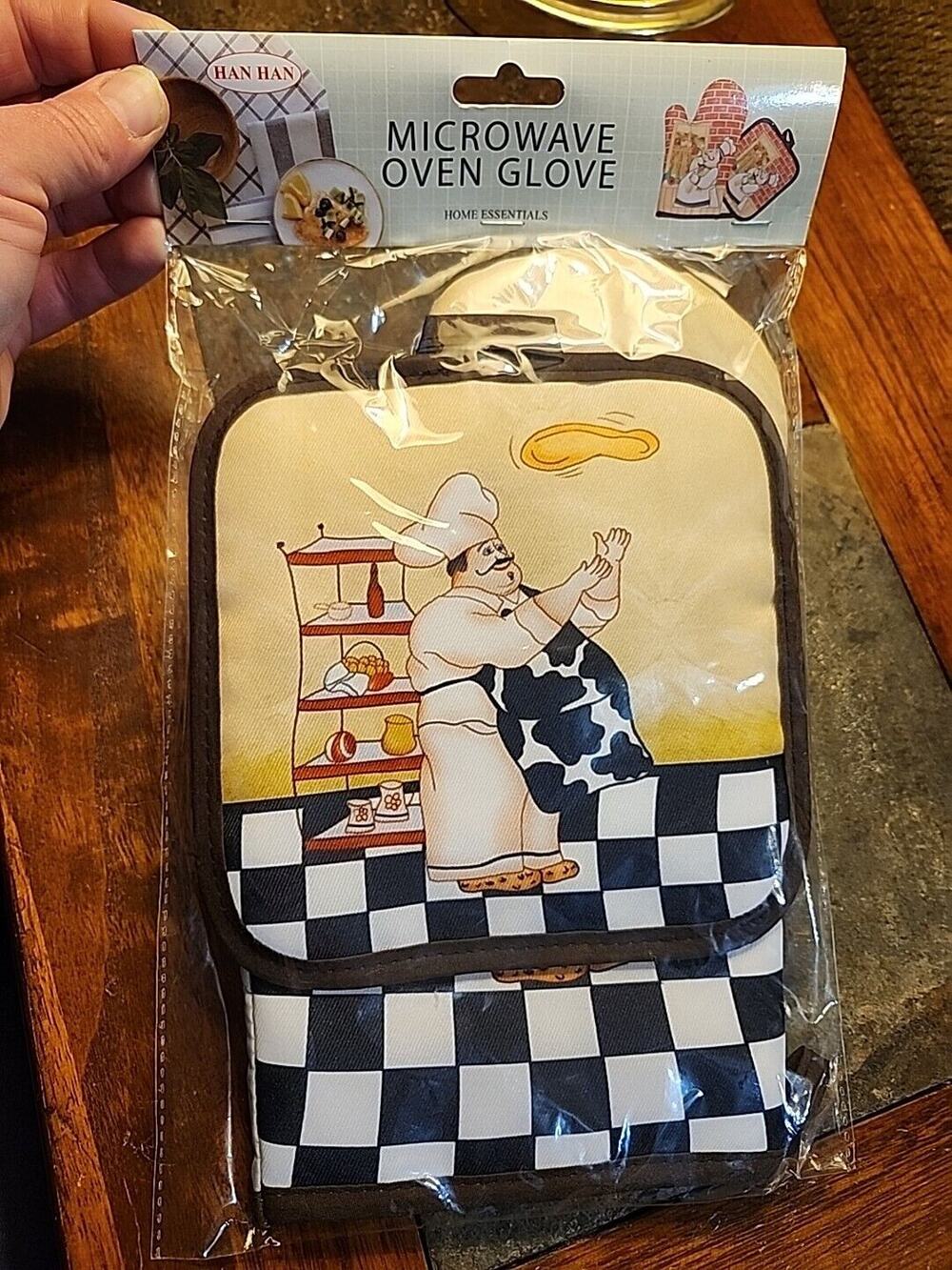 Han Han Microwave Oven Glove & Mitt Pizza Chef Tan Black & White Checkered
